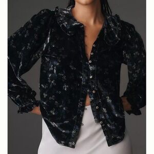 Pilcro Keira Collared Button-Front Blouse Puffed Long Sleeve Black Velvet Floral